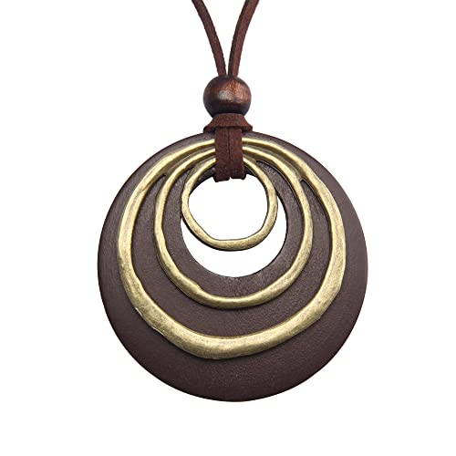 GelConnie Boho Necklaces for Women Vintage Wood Pendant Necklace Long Leather Necklace Brown Bohemian Necklace