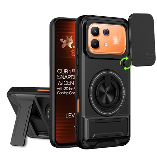 Image of AESTMO Infinix Note 60 Pro 5G Back Cover | Armor Camera Slider 360 Degree Rotating Finger Ring Holder Case with Bracket Stand Back Case Cover (Compatible with MagSafe Accessories) (Black)