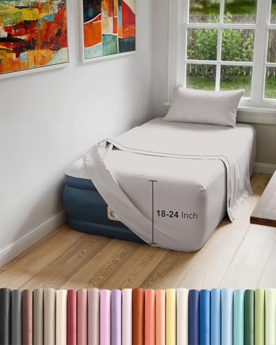 Air Mattress Sheet Set for Twin Size - 3 Piece Breathable & Cooling Sheets w/ Extra Deep Pockets - Fits Inflatable & Blow Up Air Mattresses Up to 24 Inches Thick - Soft and Wrinkle Free - Light Grey