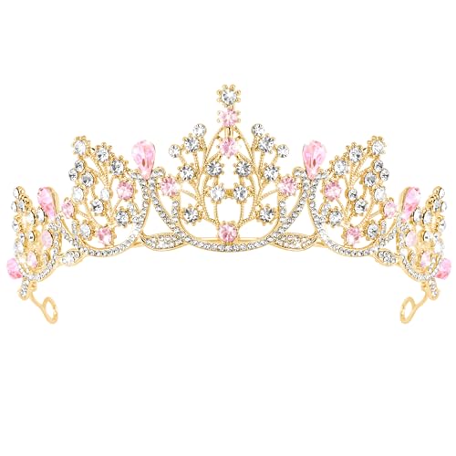 TAROSE Gold Pink Crowns and Tiaras for Women Queen Crystal Tiaras with Rhinestone Goddess Crown for Wedding Bride Birthday Princess Bridal Shower Hair Accessories for Women