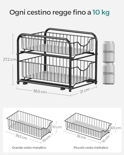 SONGMICS 2 Organizzatori da Cucina, Scaffali a 2 Ripiani Estraibili per Armadietto, Organizzatori Impilabili Sottolavello con Cassetti Portaoggetti, per Cucina, Bagno, Nero Inchiostro KCS017B02 - Immagine 5