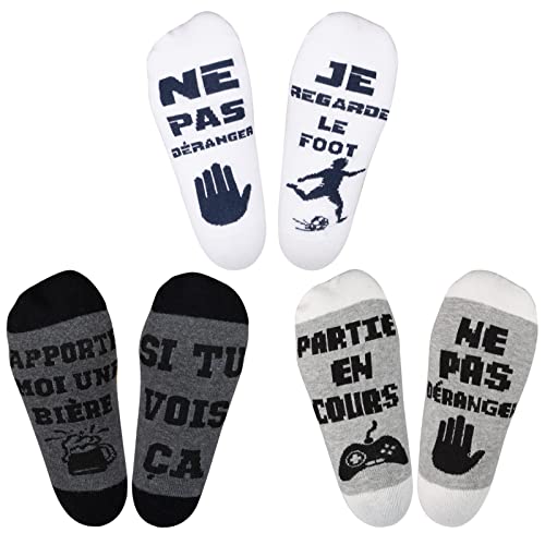 3 Paires de Chaussettes Fantaisie Courtes Homme Chaussettes Drôles Coton Sport Chaussette Nouveauté Rigolo Amusantes Lettres Football + 3pcs Sac d`emballage kraft pour Cadeau Noël