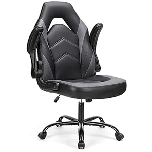 Sweetcrispy Computer Gaming Desk Chair – Ergonomic Office Executive Adjustable Swivel Task PU Leather Racing Chair with Flip-up Armrest for Adults, Kids, Men, Girls, Gamer, Black Grey