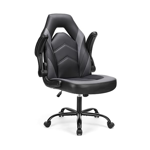 Sweetcrispy Computer Gaming Desk Chair – Ergonomic Office Executive Adjustable Swivel Task PU Leather Racing Chair with Flip-up Armrest for Adults, Kids, Men, Girls, Gamer, Black Grey