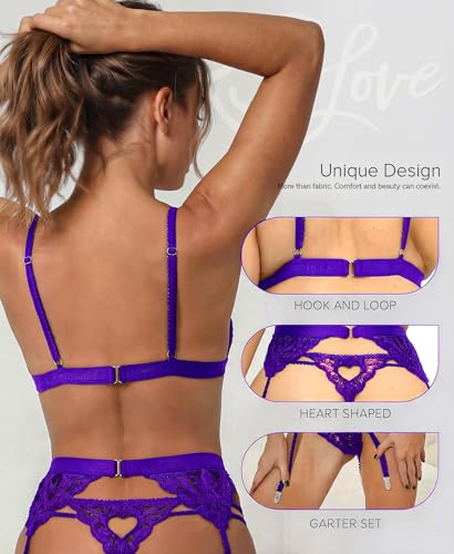 Image of RSLOVE Women Lingerie Set with Garter Belt | Heart Cutout Lace Design, Adjustable Fit, Soft Stretch Fabric, 3 Piece Romantic Lingerie Set