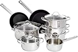 Amazon Basics 11-teiliges Topf- und Pfannenset, Induktions-Kochtgeschirrset aus Edelstahl mit Keramik-Antihaftbeschichtung, Topfset mit Deckeln, Spülmaschinenfest, Backofengeeignet