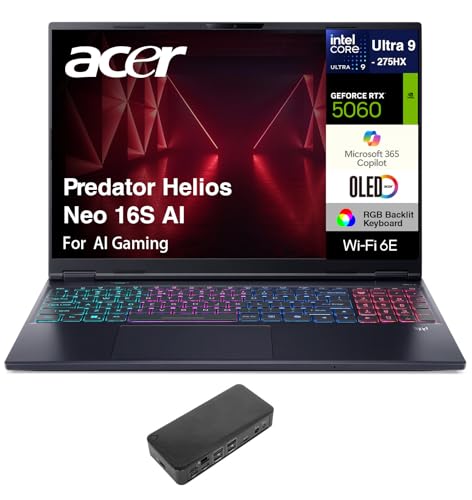 Image of acer Predator Helios Neo 16S AI AI Gaming Laptop 16.0 inch WQXGA (Intel Ultra 9-275HX, GeForce RTX 5060 8GB, 32GB DDR5, 4TB PCIe SSD, Win 11 Home) w /USB-C Dock