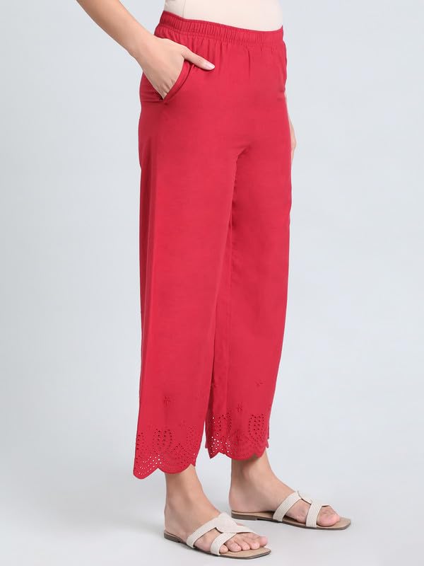 Image of GO COLORS Women's Cotton Hakoba Palazzo | Ankle Length, Schiffli Embroidery, Relaxed Fit, Mid-Rise with Side Pocket