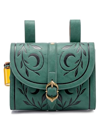 MOSTORY Green Renaissance Belt Pouch - Woodland Medieval Bag for Renfaire Accessories Adult, Forest Vine Leather Viking Waist Bag for LARP Fantasy Celtic Cosplay