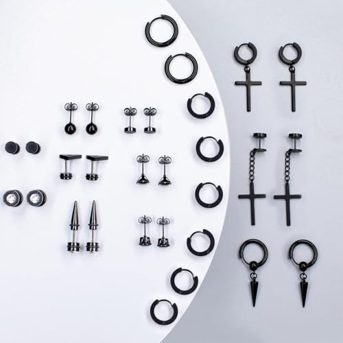 15 Pairs Earrings for Men, Stainless Steel Earrings Stud Kit for Men Women Fashion Piercing Jewelry Cross Dangle Hoop Earrings Set3