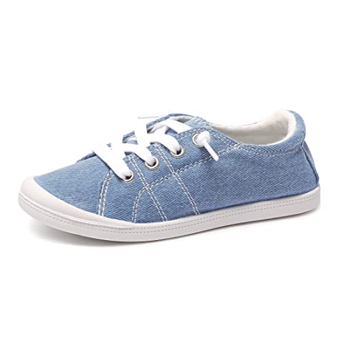 Boy and Girl Slip on Canvas Sneaker, Kids Low Top Casual Fashion Shoes, Comfy Lace up Walking Shoes Denim Blue 1