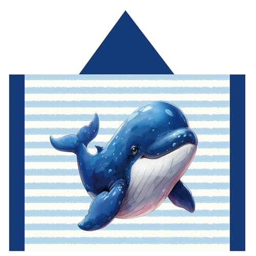Queenshin Blue Striped Whale Hooded Bath Beach Towel, Sandproof Fast Dry Microfiber Poncho Changing Towel Robe for Boys & Girls 30 x 50 inch