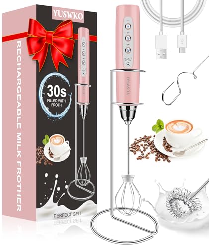 Image of YUSWKO Milk Frother Handheld for Coffee with Stand, Rechargeable Drink Mixer with 3 Heads 3 Speeds Electric Coffee Frother Whisk, Gift for Many Occasions and Festival
