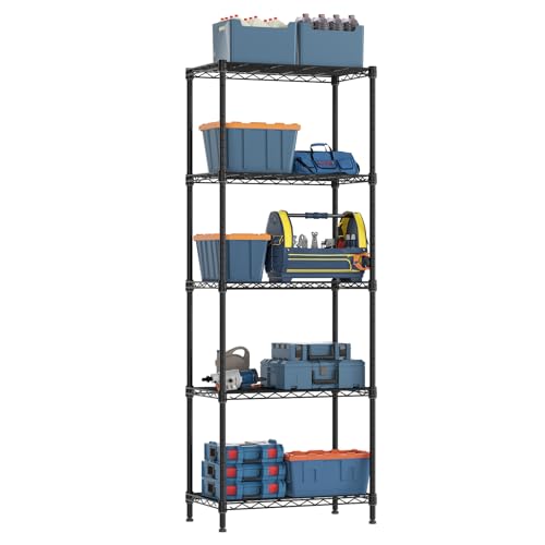 5 Tier Adjustable Storage Shelves Heavy Duty Metal Utility Shelf 750LBS Capacity Wire Shelving Unit Organizer Rack for Home Kitchen Office Bathroom Pantry Room 12″ D x 22″ W x 59″ H Black