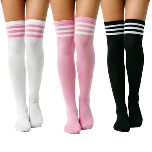 Image of DRESHOW 3 Pairs Thigh High Socks Striped Over Knee Thin Tights Long Stocking Knee High Leg Warmer