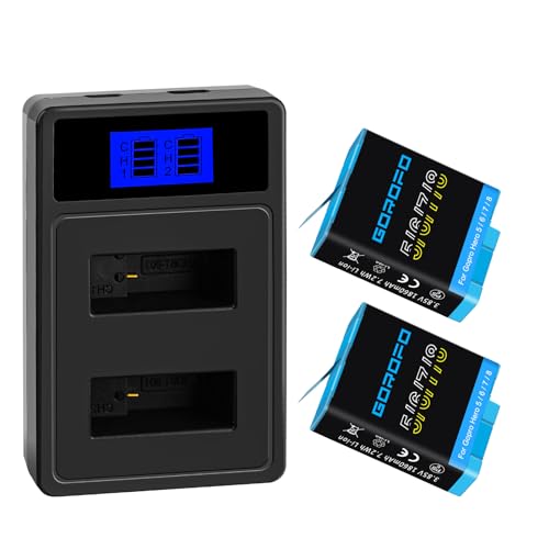 GOROFO 2-Pack Hero 8/7/6/5 1860mAh Replacement Batteries and Charger for GoPro Hero 8/7/6/5 Fully Compatible with Original GoPro Batteries Camera Power for Action Photography Vlogging and Travel