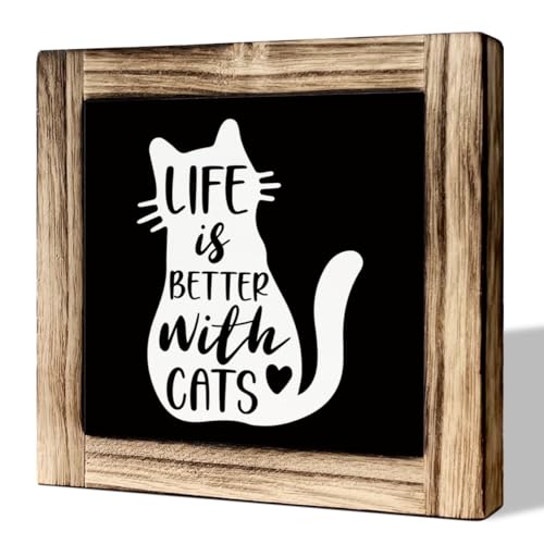 Life is Better with Cats Sign, Cat Decor, Pet Decor, Pet Decorations for Table Shelf, Rustic Wooden Tabletop Decor Sign, Modern Farmhouse Decor for Shelf, Home Decor Accent, Cats Lover Gift