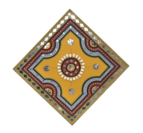 Image of Ethnics of Kutch Traditional Kutch Handicraft Mud-Mirrorwork Lippan Kam Wall Art (Water and Break Resistant) - Square (12 inch x 12 inch) - (Olive LKT-0270)