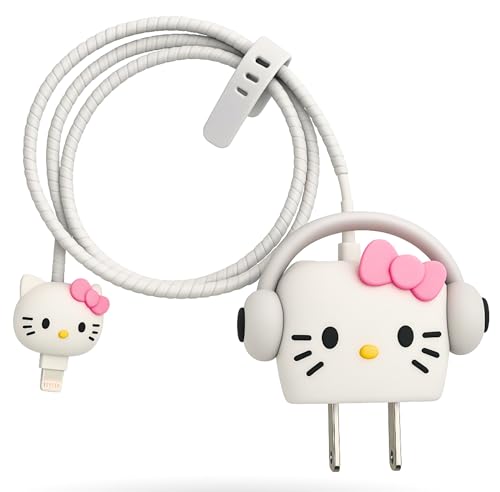 EMOH ROCED Cute Cartoon 3-in-1 20 W Charger Cover Compatible with iPhone Adapter Compact Durable Portable & Protective Case with Cable Protector (White Kitty Headphone)