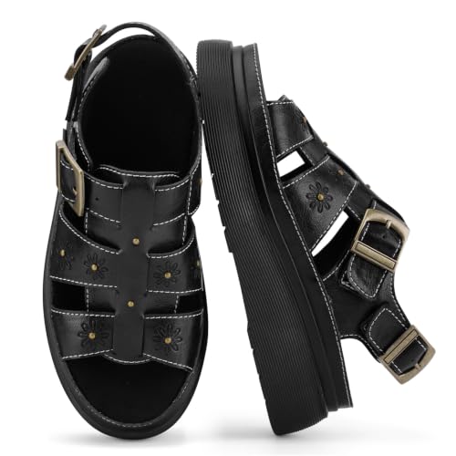 Image of Platform Sandals for Women Chunky Ankle Buckle Casual Open Toe Comfortable Flower Decoration Fisherman Sandals