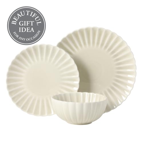 Gibson Elite Peach Orchard 12-Piece New Bone China Dinnerware Set Service for 4, Embossed Fluted Plates and Bowls, Dishwasher and Microwave Safe, Cream White by Gibson Elite - Used condition - Image 4