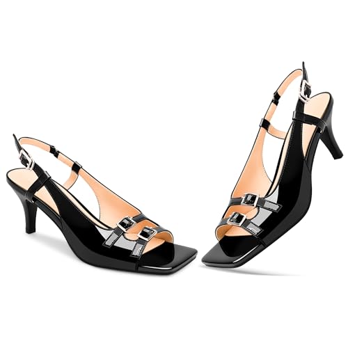 Women's Patent Leather Slingbacks Double Buckle Sandals Open Toe Mid Heel Dress Pumps 6