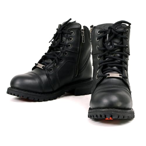Milwaukee Leather MBL9319 Bota feminina preta de couro premium com cadarço e fecho de zíper lateral,