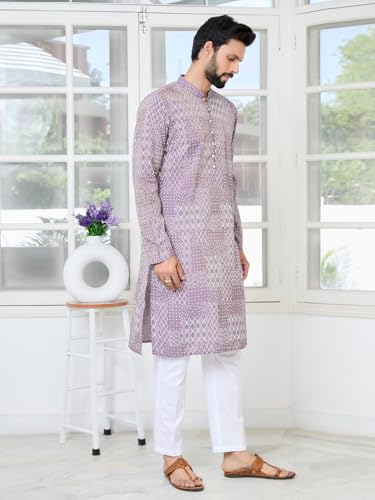 Image of See Designs Men's Full Sleeve Mandarin Collar Floral Embroidered Mandarin Collar Thread Work Straight Long Kurta - Festive Collection