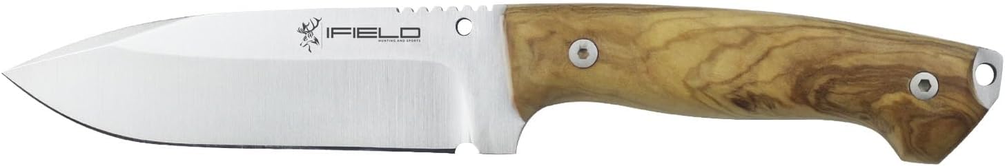 iFIELD Bushcraft Hunting Knife Workout EL29107 – 4.9″ MOVA Satin Blade with Sawback, Olive Wood Handle, Brown Leather Sheath, Made in Spain, Outdoor Camping & Fishing Tool