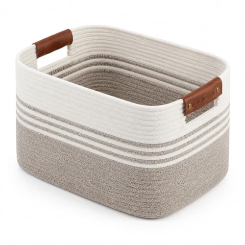 Image of Cotton Rope Laundry Basket Extra Large, 22.8GAL Collapsible Woven Storage Baskets for Living Room Kids Toys Stuffed Animal,Boho Rectangular Decorative Hamper for Dirty Clothes, Blankets White Brown