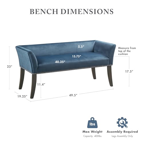 Image of Madison Park Accent Bench, Upholstered with Nailhead Trim, & Padded Seat Entryway Bench Small, End of Bed Bench with Back, 49.5 inch W x 19.25 inch D x 23 inch H, Blue