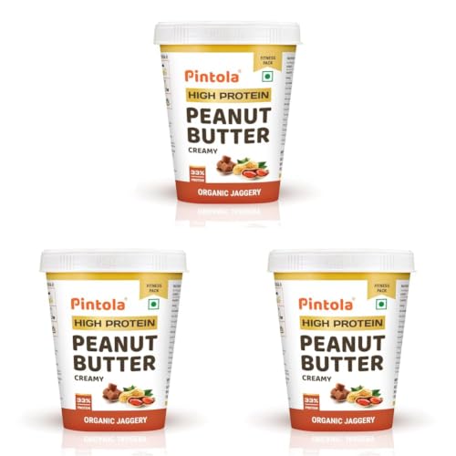 Image of Pintola HIGH Protein ORGANIC JAGGERY Peanut Butter Creamy 1kg with 33g Protein & 7g Fiber, Whey Protein Peanut Butter, Gluten Free, Zero Added Salt, Cholesterol Free, 100% Roasted Peanuts (Pack of 3)