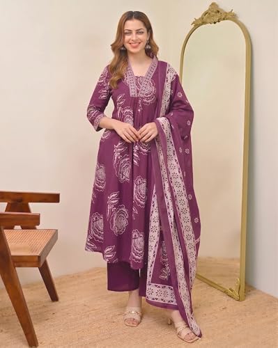 Image of Klosia Women Printed A-Line Kurta and Pant Set with Dupatta | Printed Kurta Set | A-Line Kurta Set | Women Kurta Sets | Summer Suit |