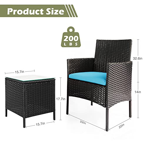 Patio Furniture Set 3 Pieces Of Outdoor Furniture, Patio Table And Chairs With Thick Cushion Sectional Outdoor Set, Manual Wicker Patio Conversation Set For Porch Backyard Lawn Garden Pool Black/Blue #TOP3