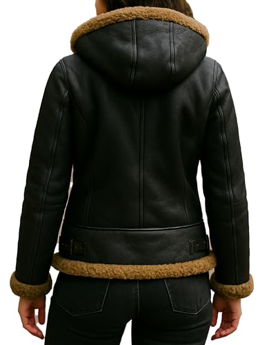 Women's Shearling Jacket - B3 Hooded Leather Brown Shearling Sheepskin Bomber Jacket3