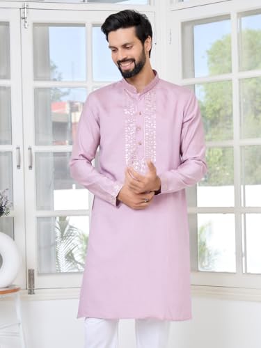 Image of See Designs Men's Full Sleeve Mandarin Collar Sequins Embroidered Chanderi Straight Long Kurta with Yoke Design - Festive Collection