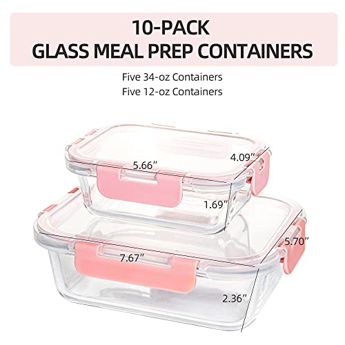 Shyrc 10 Pack Glass Meal Prep Containers With Lids, Airtight Glass Food Storage Containers Leak Proof Glass Lunch Containers(10 Lids & 10 Containers) - Pink #TOP1