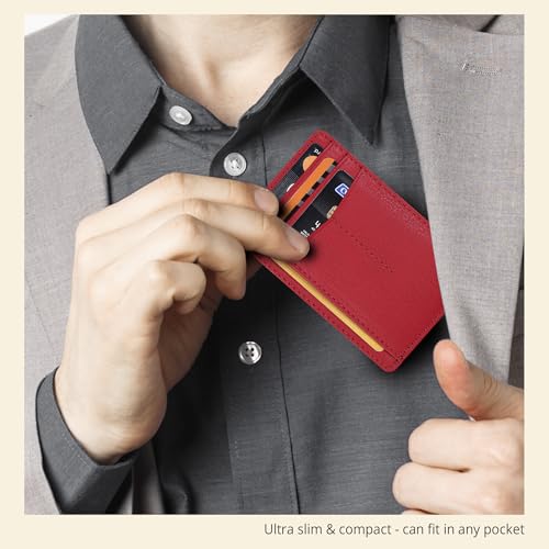 Image of Oak Leathers Leather Slim Minimalist Wallet for Men & Women RFID Front Pocket Leather Card Holder Wallets (Nappa Red)