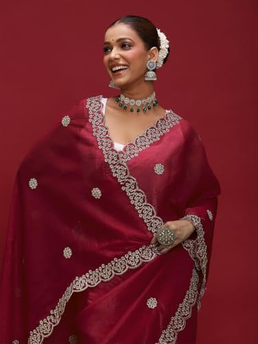 Image of AKHILAM Women's Tissue Embellished Saree With Unstitched Blouse Piece (RANI4701 RN Parent)