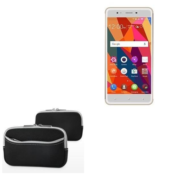 BoxWave Case Compatible with QMobile Noir LT750 - SoftSuit with Pocket, Soft Pouch Neoprene Cover Sleeve Zipper Pocket - Jet Black with Grey Trim