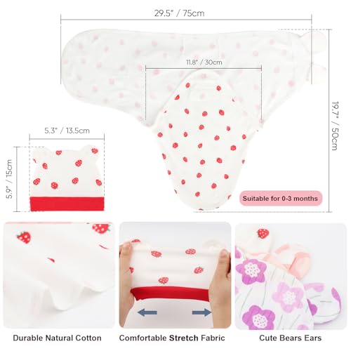 Image of DRESHOW BQUBO 3 Pack Newborn Baby Swaddle Blanket with Hats Infant Adjustable Velcro Swaddling Wraps with Bear Ears Cap for 6-12 Lbs Newborns & 0-3 Months Girls Boys
