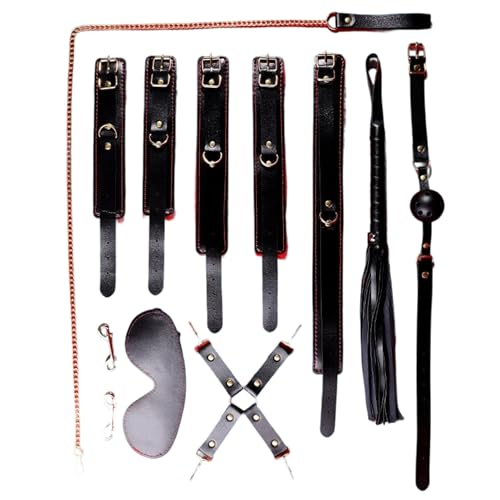 Sexual Bondage Restraint Set BDSM Set (9 Teile), Augenbinde, Knebel, Halsband, Zugkette, Handschellen, Fußfesseln, Lederpeitsche, bidirektionale Schnallen, Kreuzschnallen, Couple's Bed Bondage (DEB10)