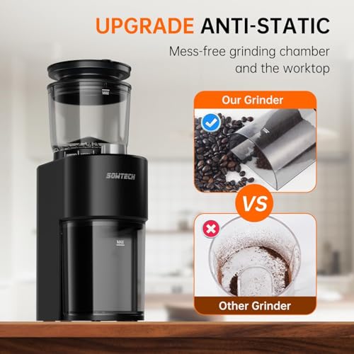 SOWTECH Anti-static Conical Burr Coffee Grinder, Adjustable Electric Mill, 38 Precise Grind Settings, Precision Timer, for Espresso, Drip and French Press, Black - Thumbnail 5