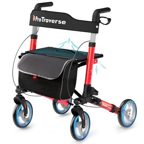 ProTraverse Foldable Rollator Walker with Seat, Standard Height Lightweight Rollator with Large...