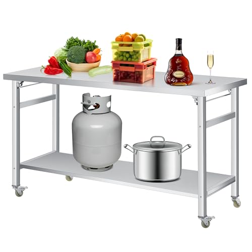 Folding Stainless Steel Table, 60x24 in, Commercial Work Table w/Lockable Casters & Undershelf, Foldable Double-Tier Stainless Steel Workstation for Kitchen, Restaurant, Garage, Camping, Outdoor