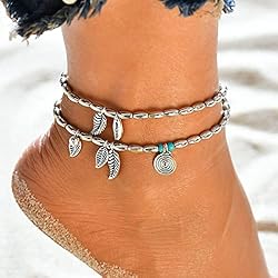 Bohend Boho Tobillera Pulsera Plata Hojas Borlas Redondo Colgante Ajustable Multicapa Tobillo Pulseras Playa Turquesa Cadenas de pies Joyería Accesorios Para Mujeres Y Chicas