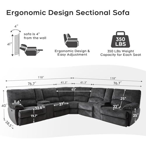 Image of Oversized Power Recliner Sectional Sofa with Wireless Charger,Large Reclining Sectionals Couch Set with 2 Electric Chenille Recliner,USB Type-C,Storage Consloe for Living Room,32.6 inch Seat Width,Gray
