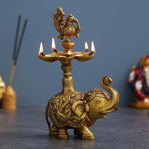 eCraftIndia Peacock Elephant Statue Ethnic Designer Brass Diya for Home, Office, Temple, Diwali Decoration Deal