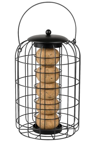 Mangeoire Oiseaux extérieur – Olov Noir – 27 cm – pour Boules de Graisse – Métal résistant aux intempéries – Couvercle dévissable – Protection silo –...