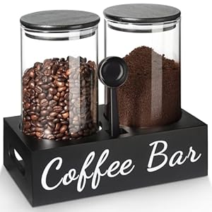 GMISUN Coffee Container, 2Pcs 50oz Airtight Coffee Bean Storage Canister, Black Glass Coffee and Sugar Jar Set with Scoop/Shelf/Label, Coffee Containers for Coffee Bar Countertop Ground Coffee/Tea
